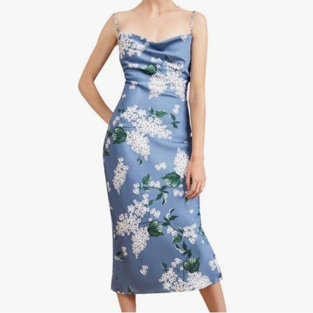 Blue Floral Satin Midi Slip Dress
